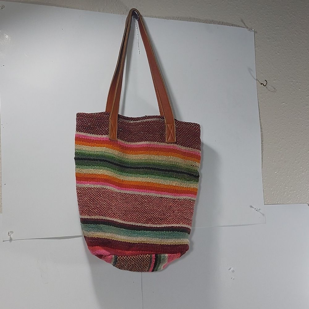Jenny Krauss Peruvian Handmade Tote Bag with Brown Leather Straps One Size